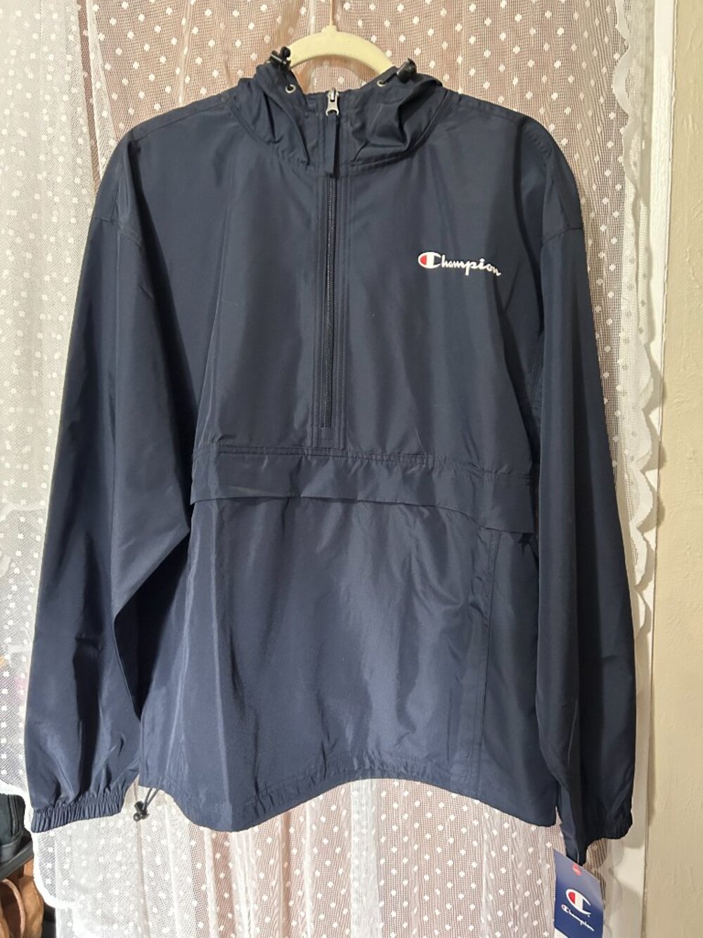 NWT Champion Packable Hooded Windbreaker Jacket Navy Men's Medium